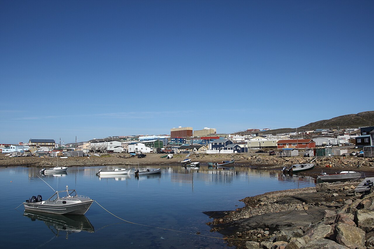 Iqaluit waterfront, fishing boats and town buildings, Nunavut